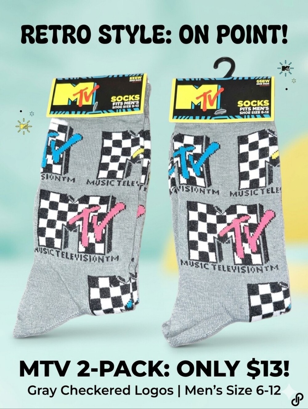 MTV Music‎ Television Crew Socks 2 Pairs Gray Checkered Iconic Logo
